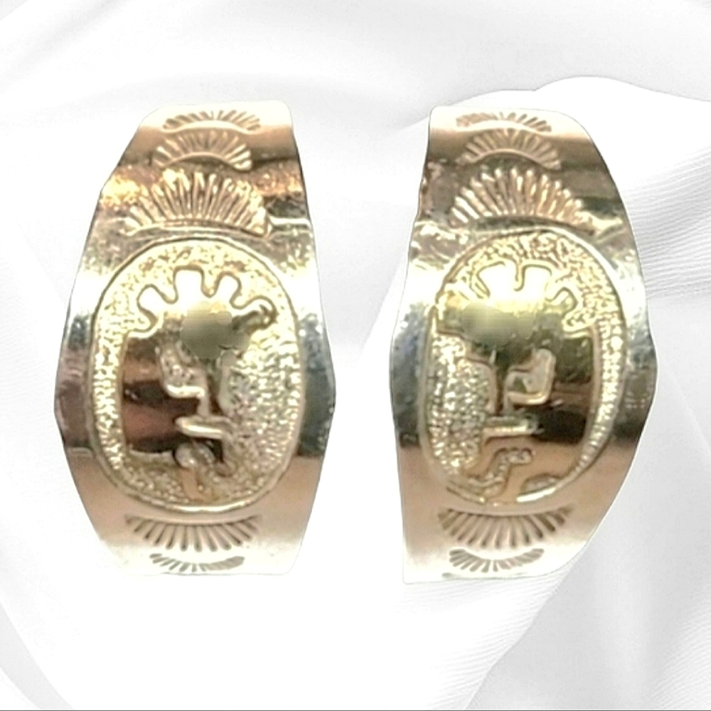 Vintage Native American Navajo Sterling Silver Gold Kokopelli Earrings